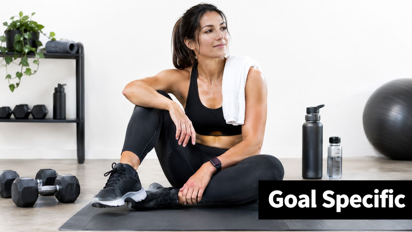 A fit woman sits on a gym mat resting after a workout session with training equipment nearby.