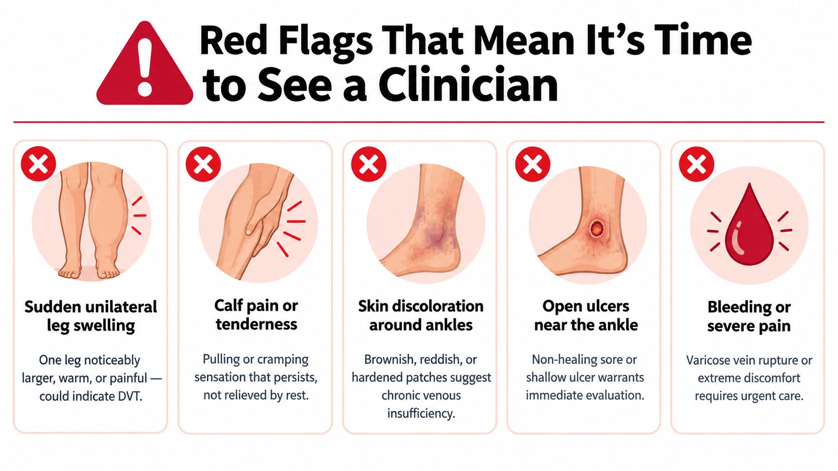 An educational infographic showing five red flag symptoms of venous health issues requiring urgent medical attention.