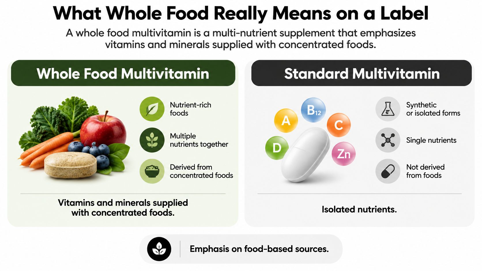 A comparison infographic between whole food multivitamins made from concentrated food sources and standard synthetic isolated supplements.