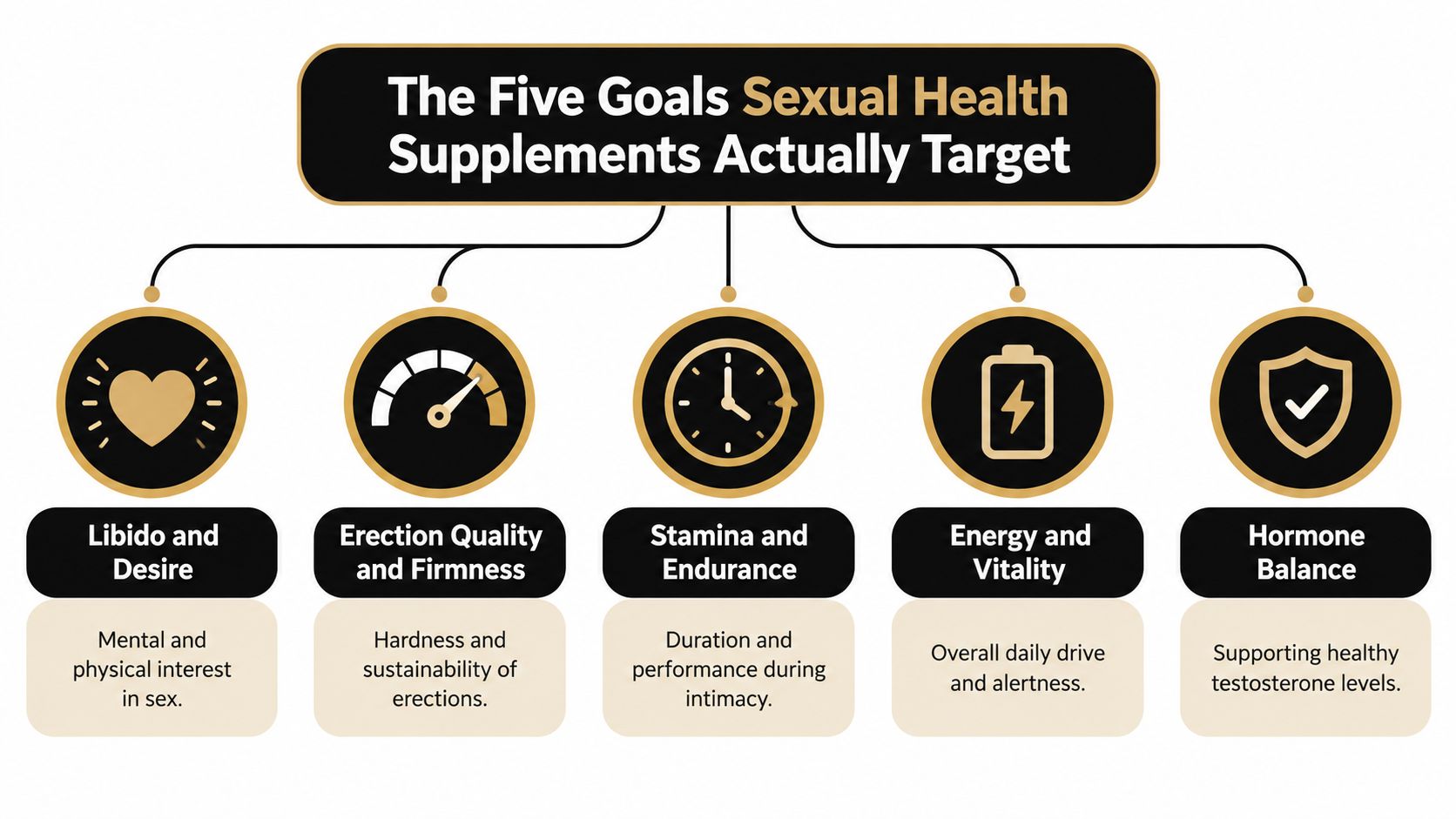 A diagram outlining five key goals of sexual health supplements: libido, erection quality, stamina, energy, and hormone balance.