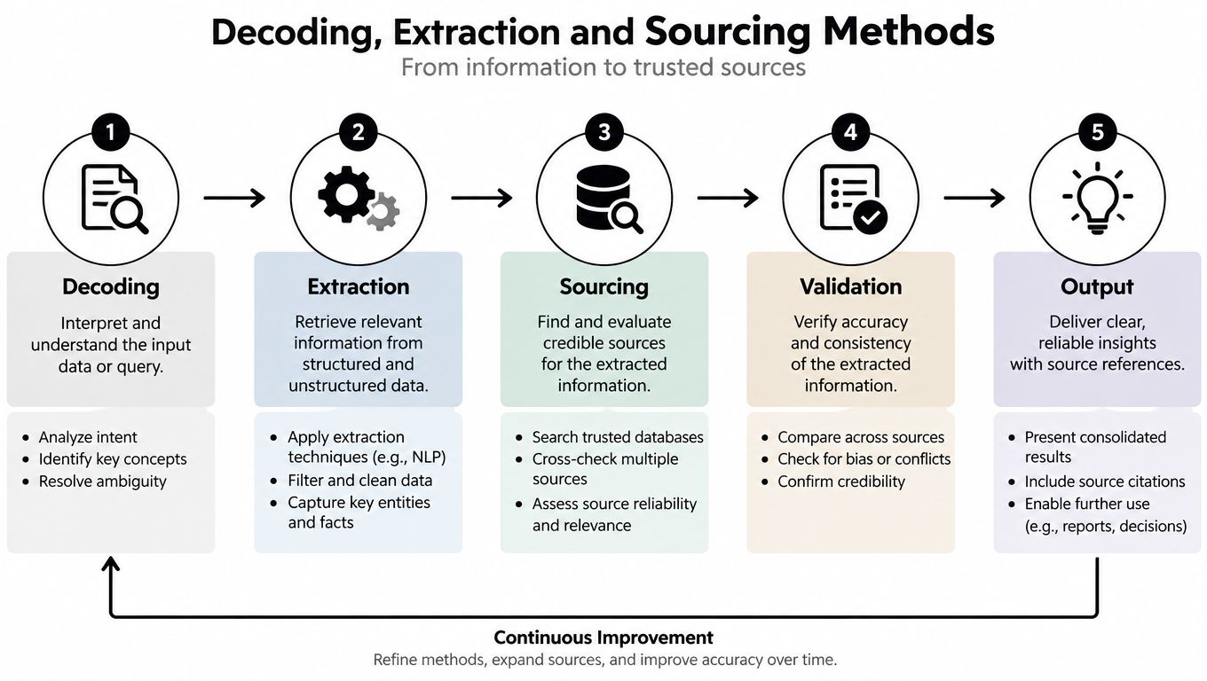 A diagram illustrating a five-step process for decoding, extraction, sourcing, validation, and output of information.
