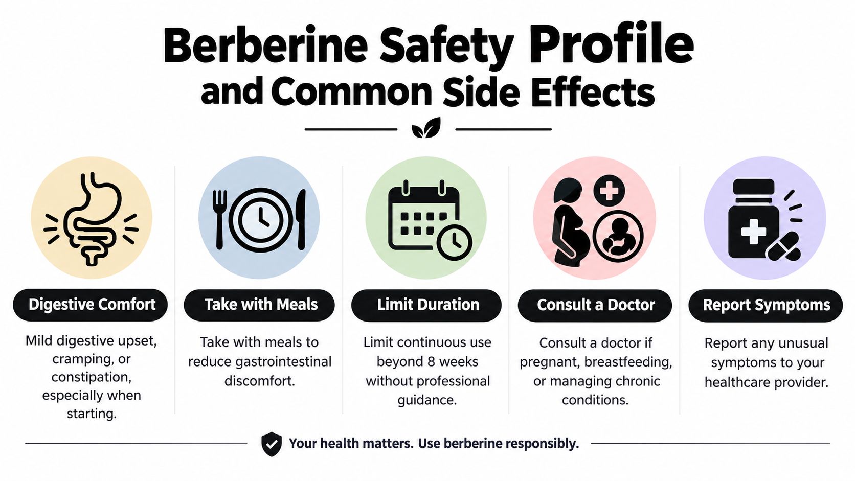 An infographic detailing the safety profile, common side effects, and usage guidelines for berberine supplementation.