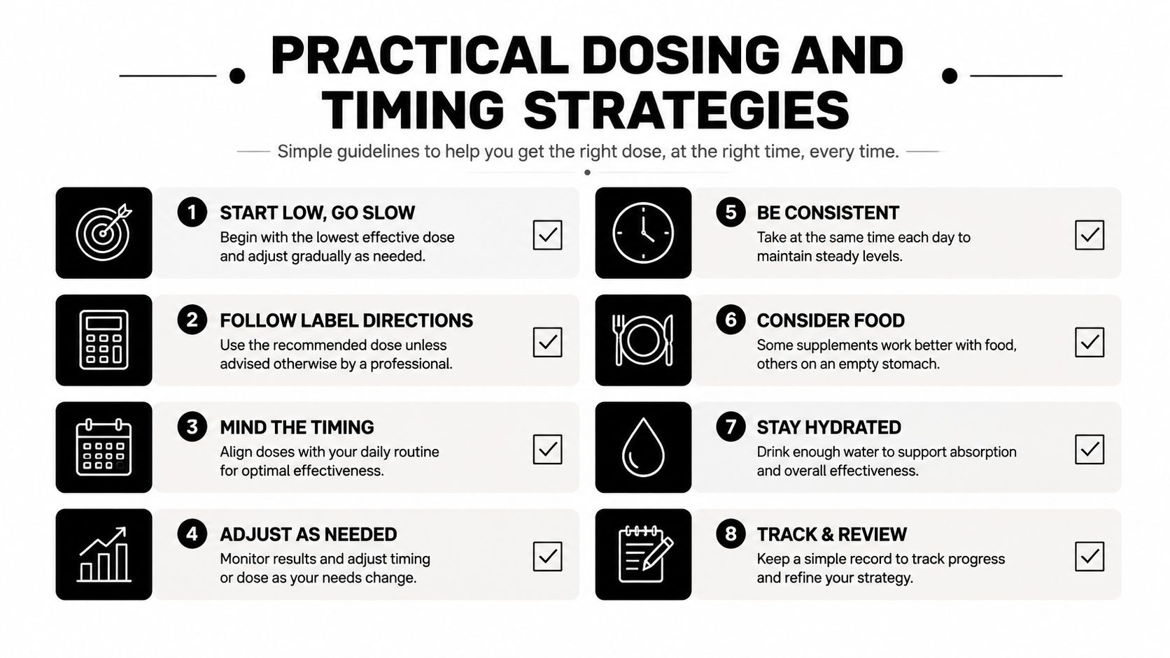 An infographic titled Practical Dosing and Timing Strategies showing eight numbered tips for managing supplement routines effectively.