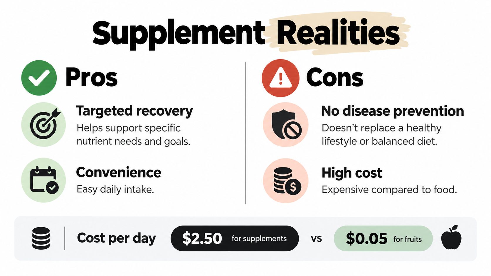 An infographic comparing the pros and cons of supplements, highlighting their high cost versus fruit consumption.