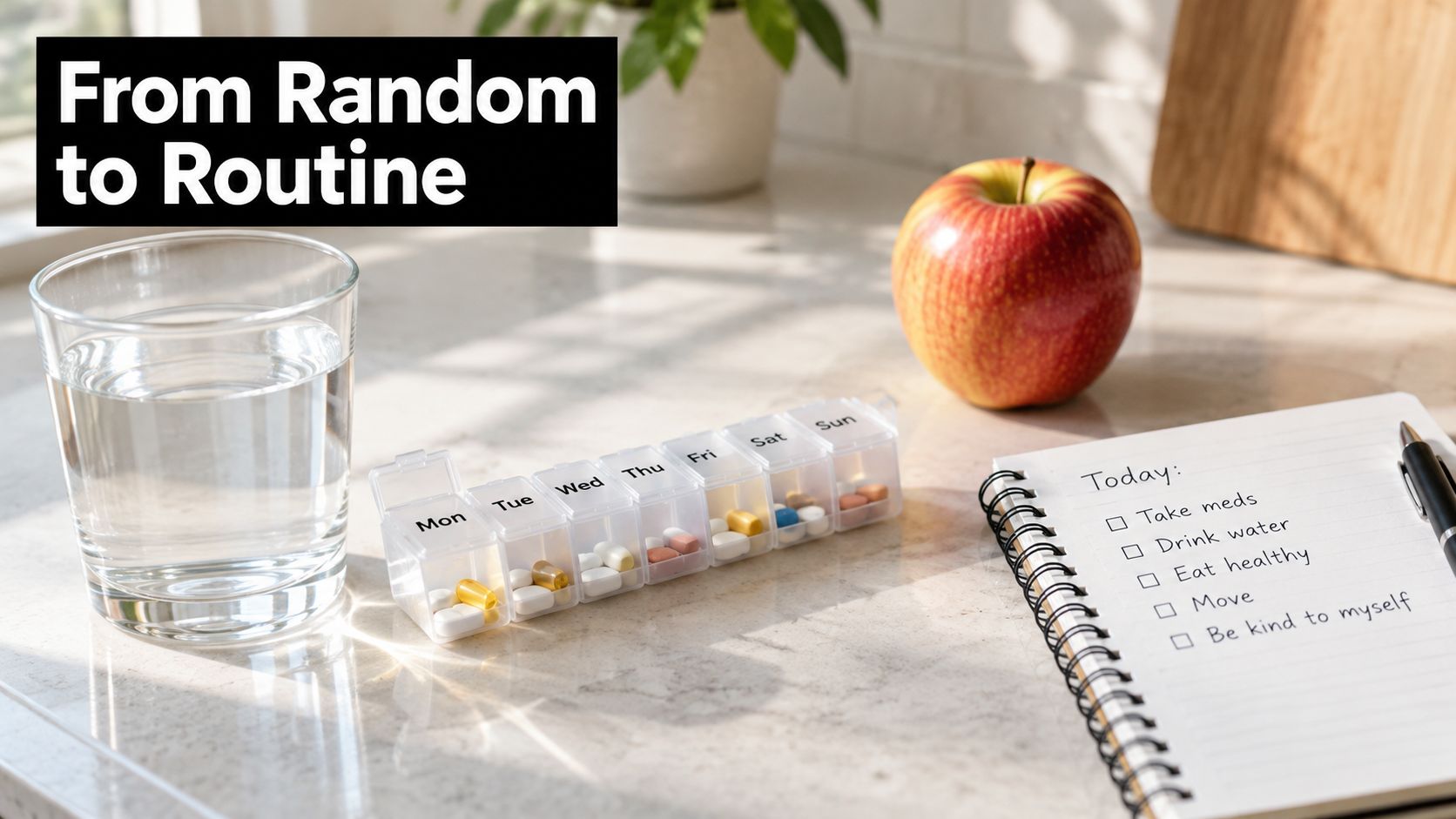 A glass of water, a weekly pill organizer, an apple, and a handwritten checklist on a table.