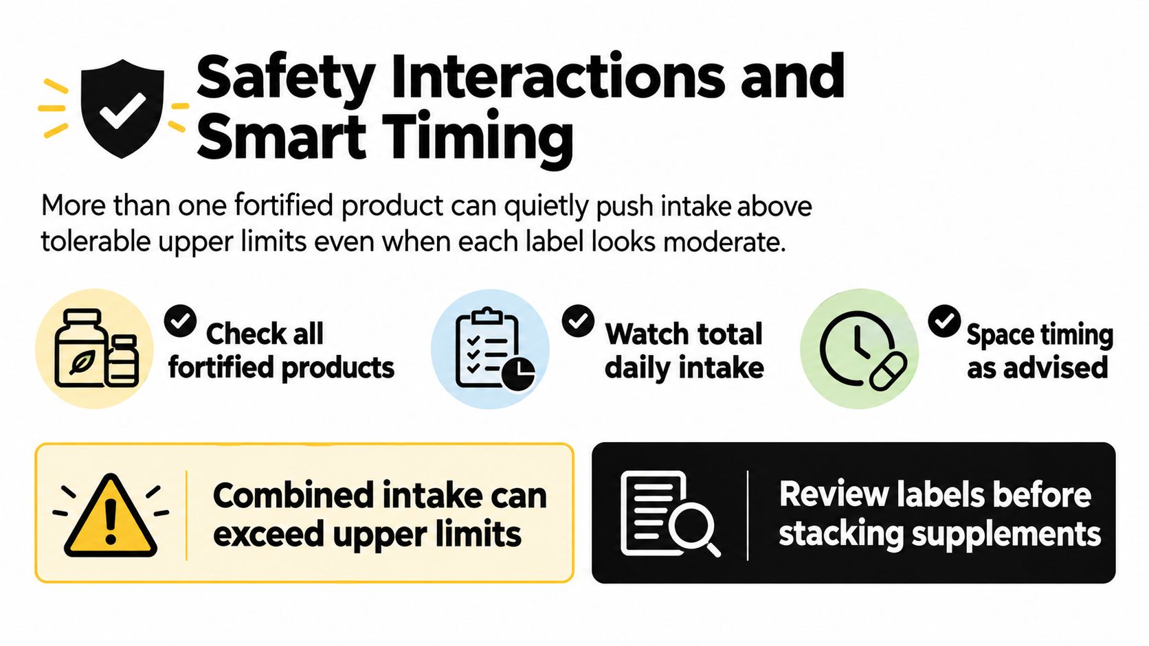 An infographic titled Safety Interactions and Smart Timing providing guidance on monitoring supplement intake to avoid exceeding limits.
