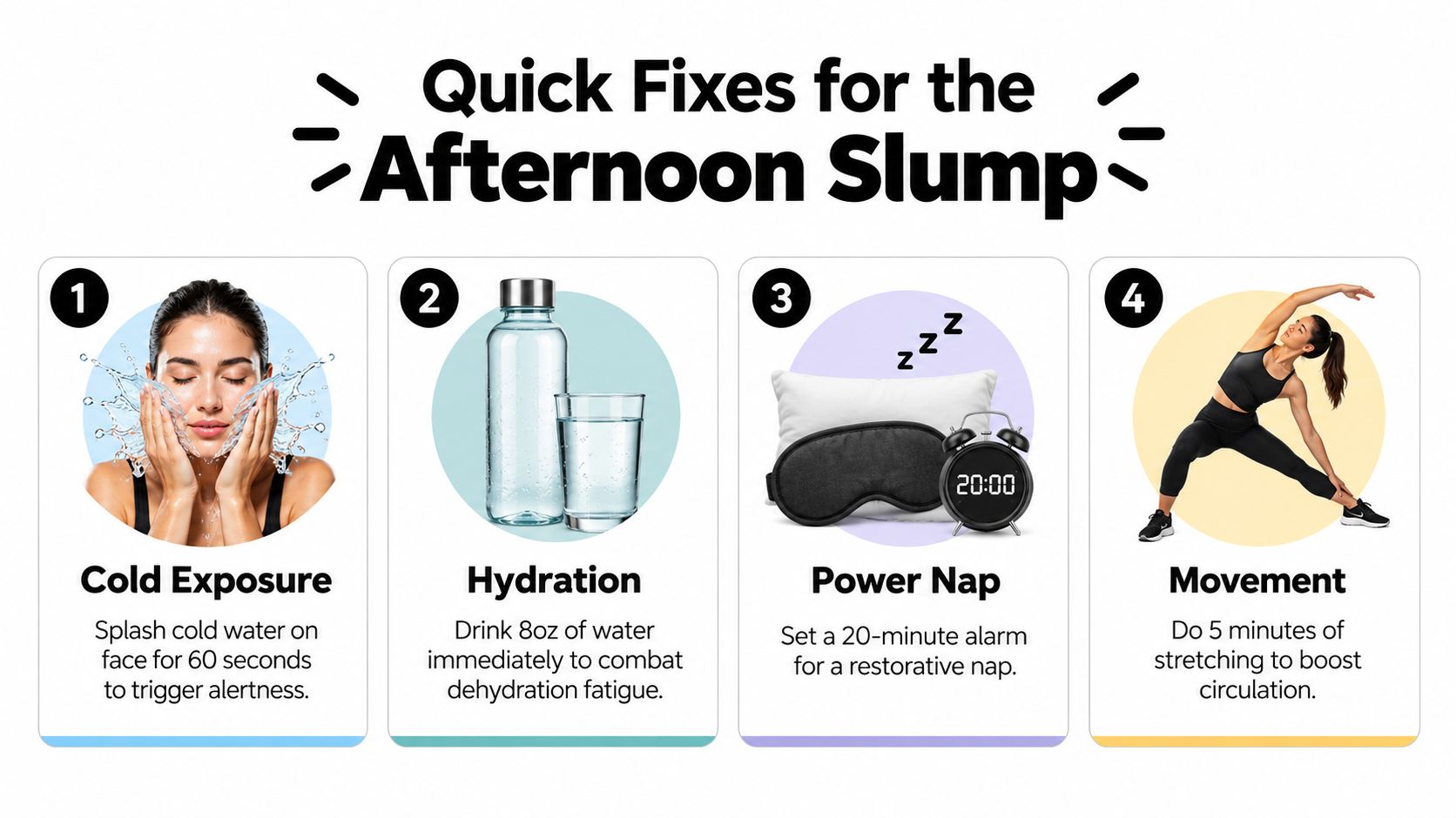A four-step infographic providing quick, natural tips to overcome feeling tired during the afternoon slump.