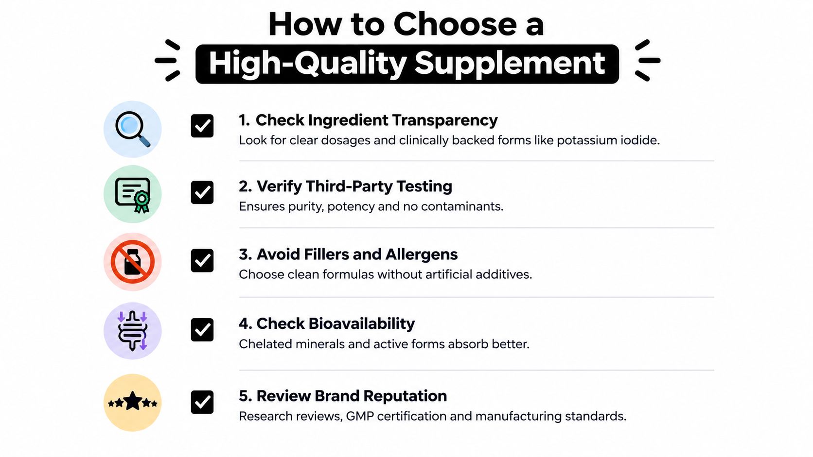 A checklist illustrating five key steps to choose a high-quality supplement for better health and transparency.