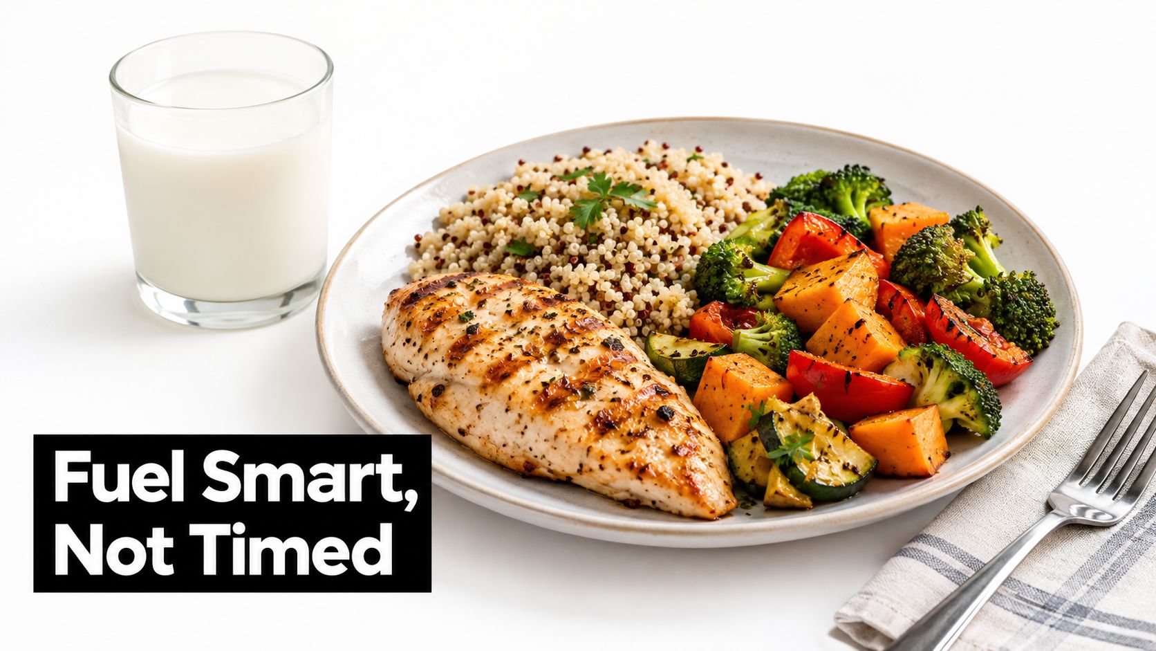 A healthy grilled chicken breast served with quinoa and roasted vegetables next to a glass of milk.