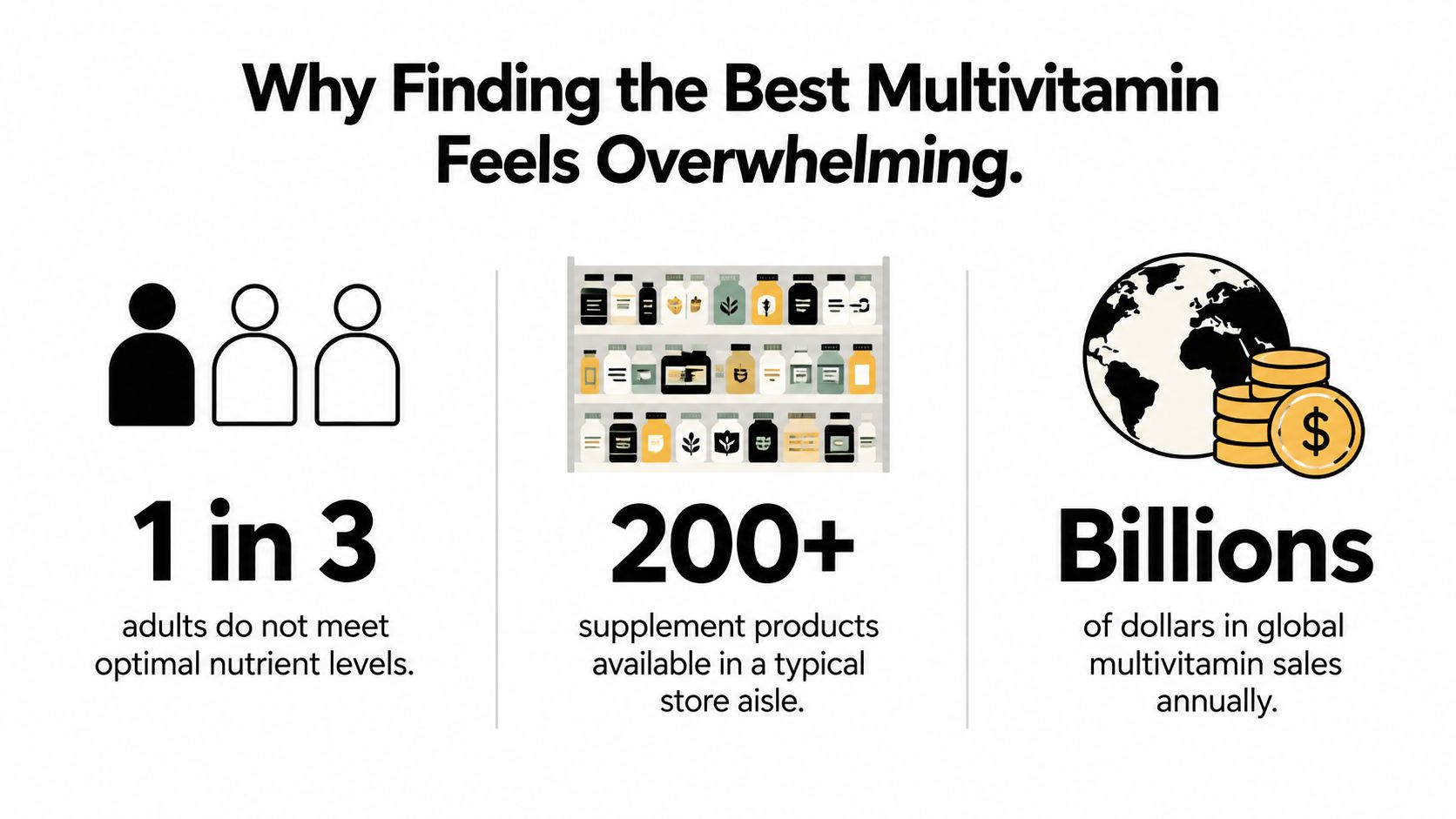 An infographic showing why choosing the best multivitamin is difficult due to health, variety, and market size.