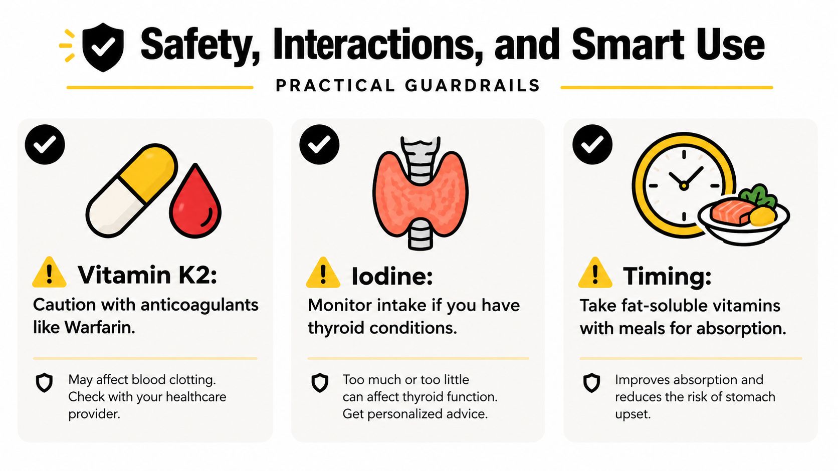 A safety infographic highlighting precautions for Vitamin K2, iodine, and the timing of fat-soluble vitamin intake.