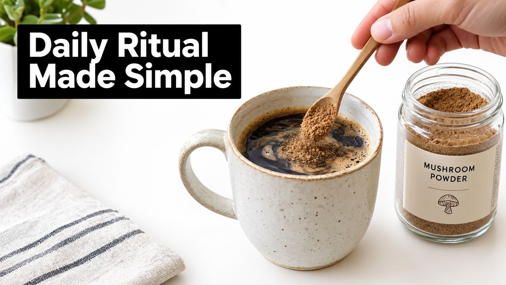 A hand stirring mushroom powder into a cup of hot black coffee with a wooden spoon.