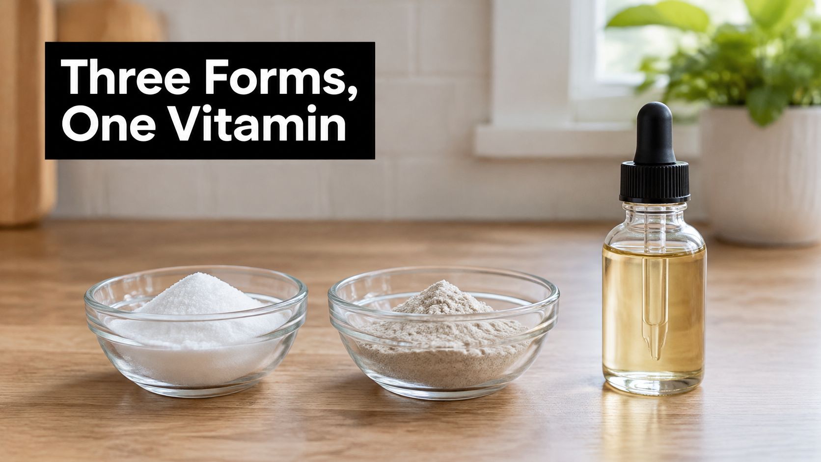 Three different forms of vitamin C including white powder, beige powder, and liquid in a glass dropper.
