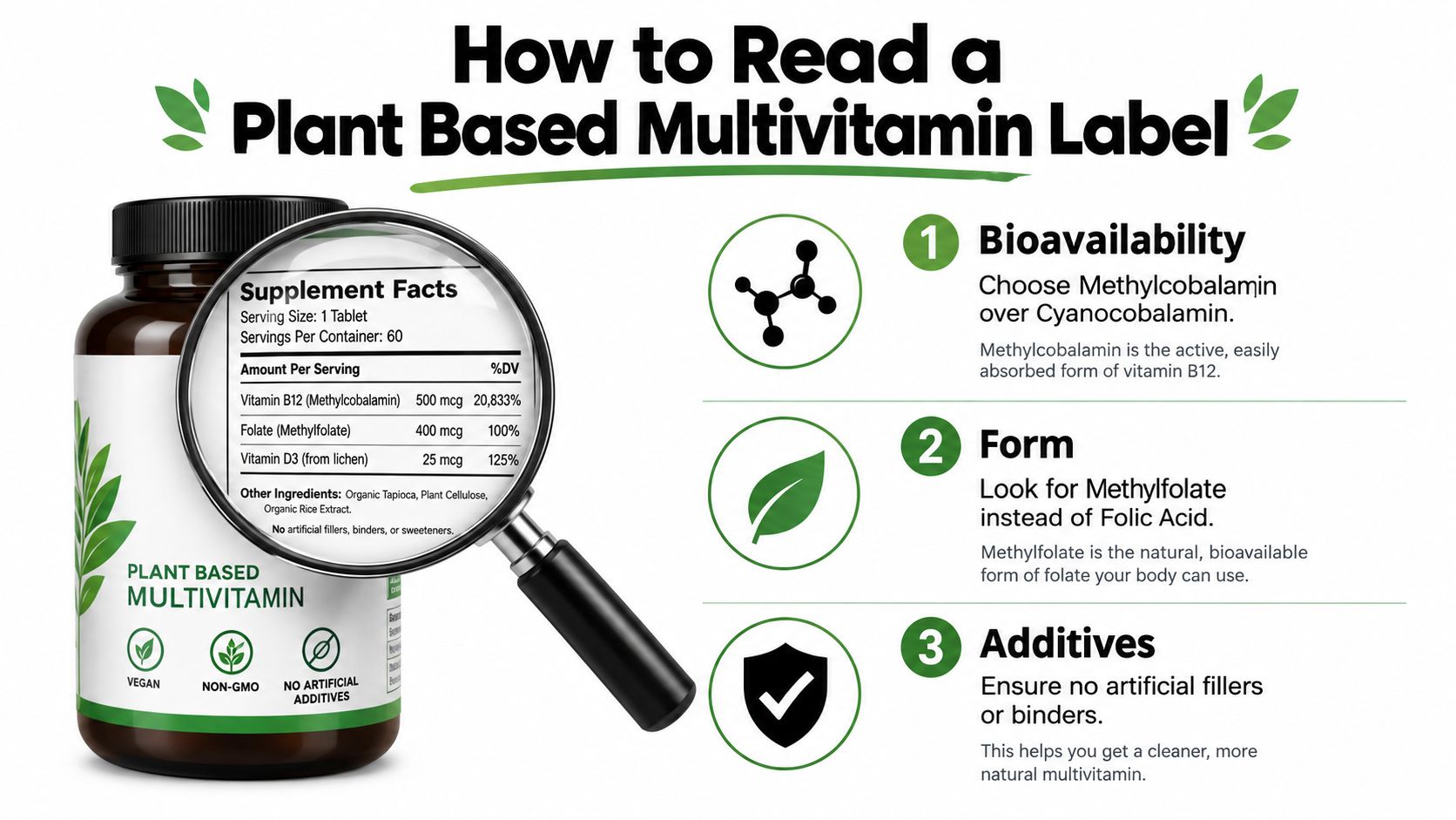 A visual guide explaining how to read a plant-based multivitamin label, highlighting bioavailability, form, and additives.