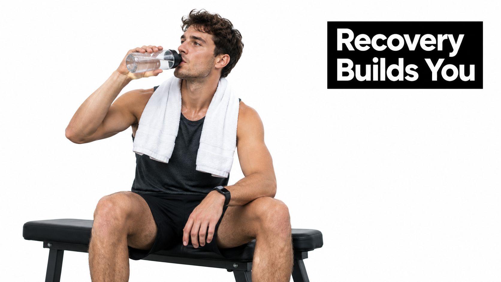 A fit man sitting on a workout bench after exercise, drinking water with a towel around his neck.