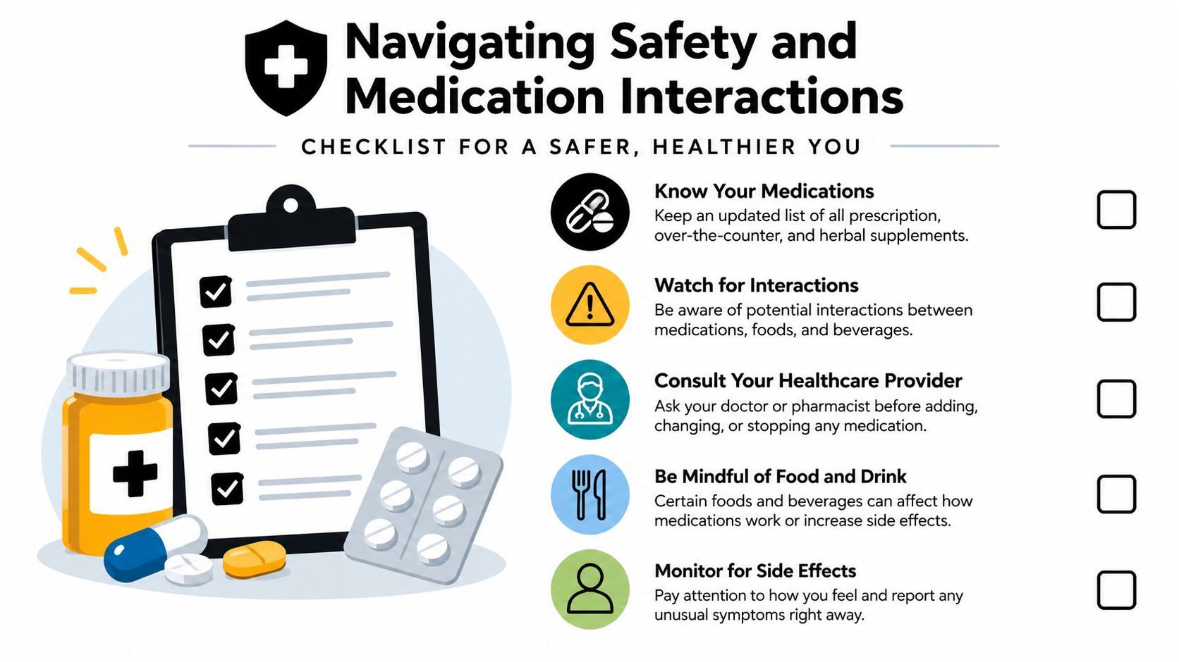 An infographic checklist guiding safe medication management, including advice on drug interactions, health providers, and side effects.
