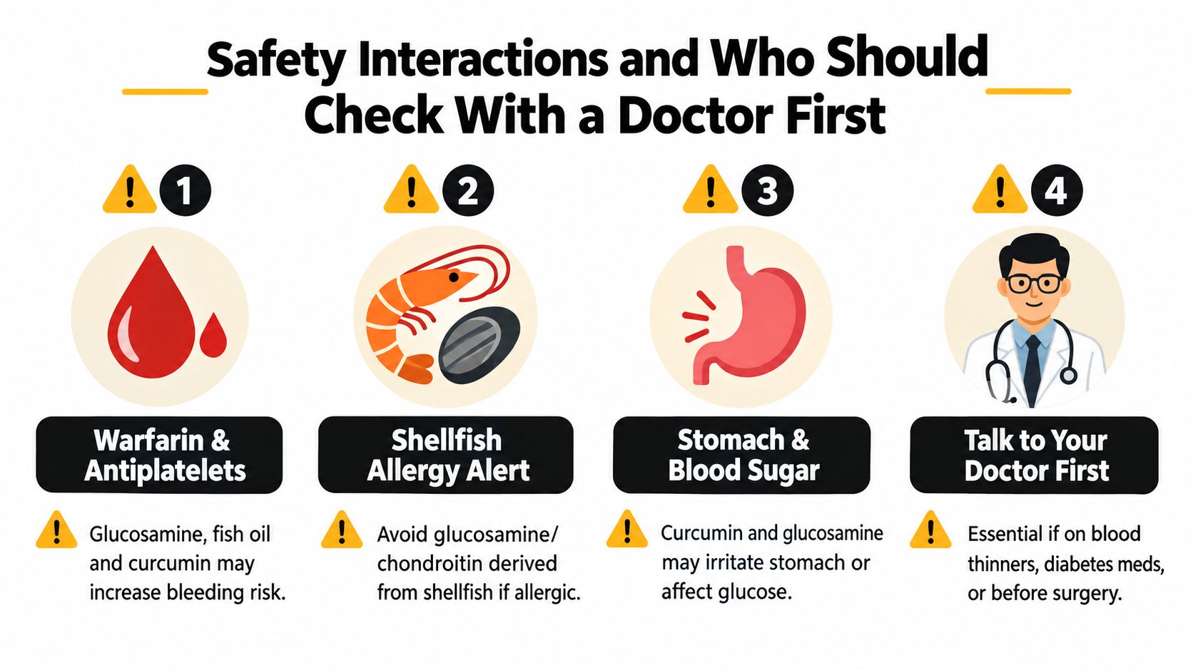 An infographic outlining safety warnings and medical interactions for taking common joint health supplements.