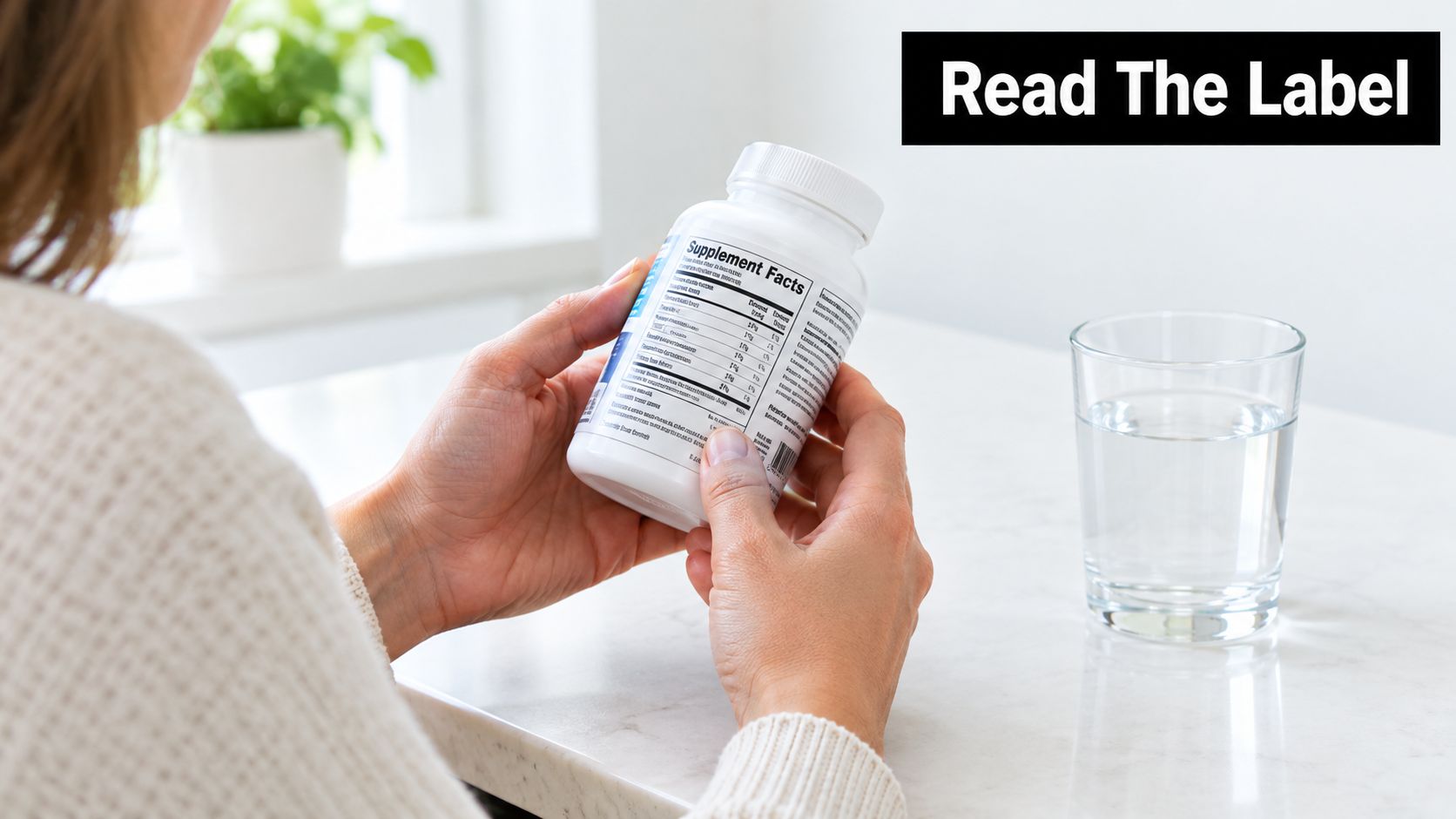 A person holding a supplement bottle to read the nutrition facts label next to a water glass.