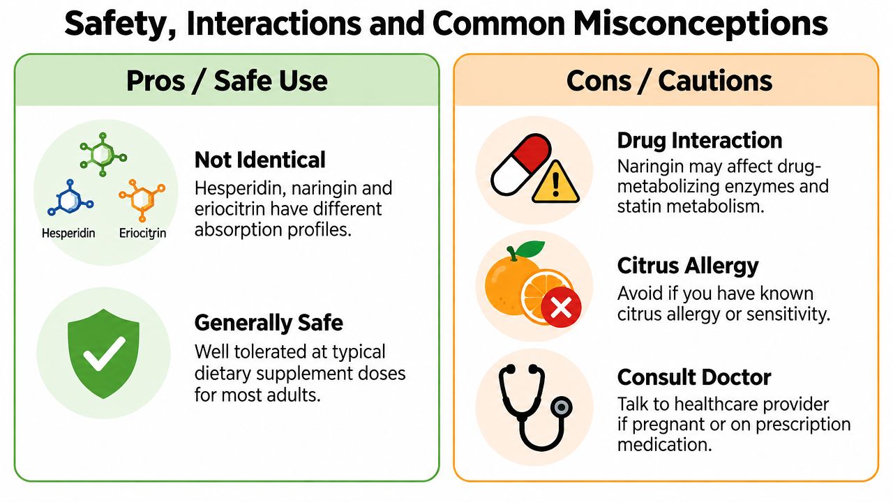 An infographic summarizing the pros, safe uses, cons, and potential cautions regarding citrus bioflavonoid supplement safety.