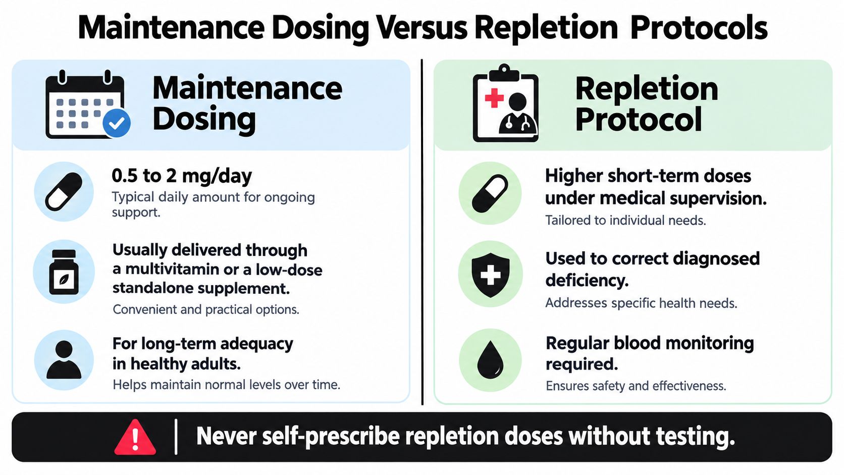 A comparison chart explaining the difference between daily maintenance supplement dosing and supervised medical repletion protocols.