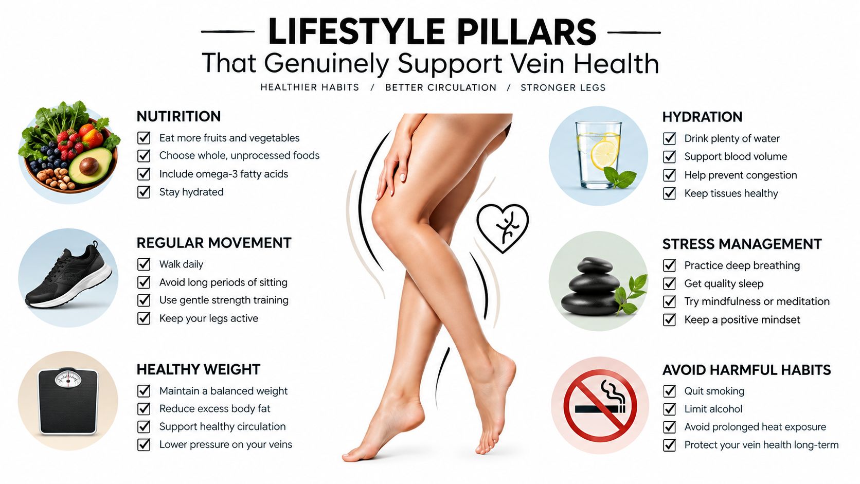 An infographic detailing lifestyle pillars for vein health including nutrition, movement, hydration, weight management, and habits.