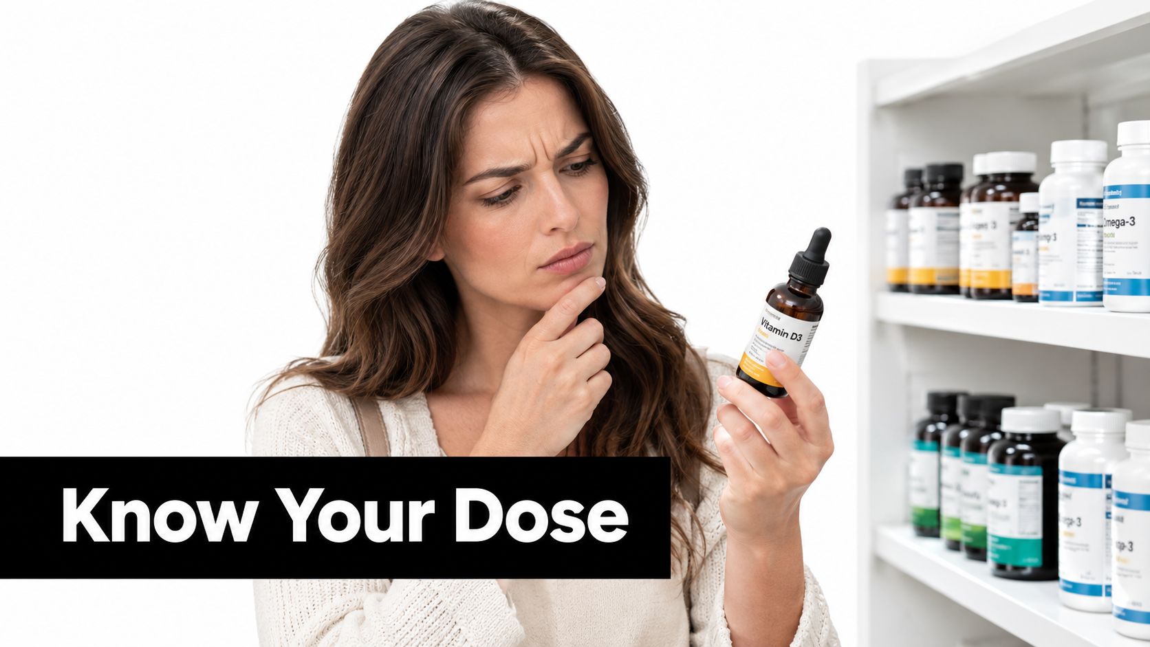 A concerned woman reading the label of a liquid vitamin D3 bottle while shopping in a store.