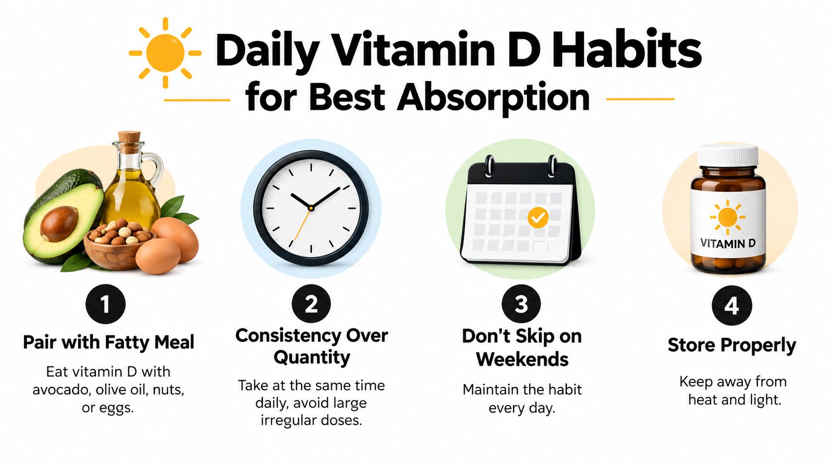 An infographic titled Daily Vitamin D Habits for Best Absorption, featuring four tips with simple illustrations.
