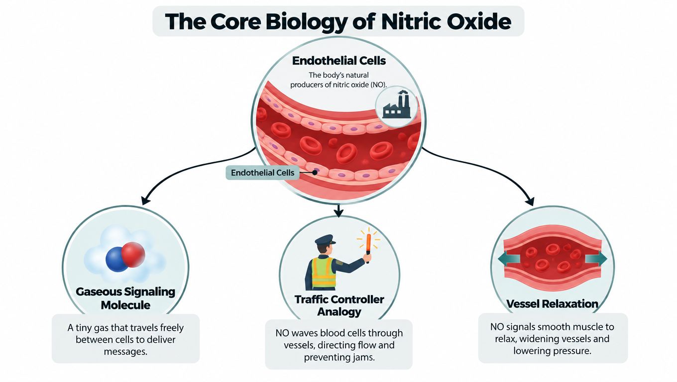 An infographic illustrating the core biology of nitric oxide, showing its production, signaling, and vessel relaxation effects.