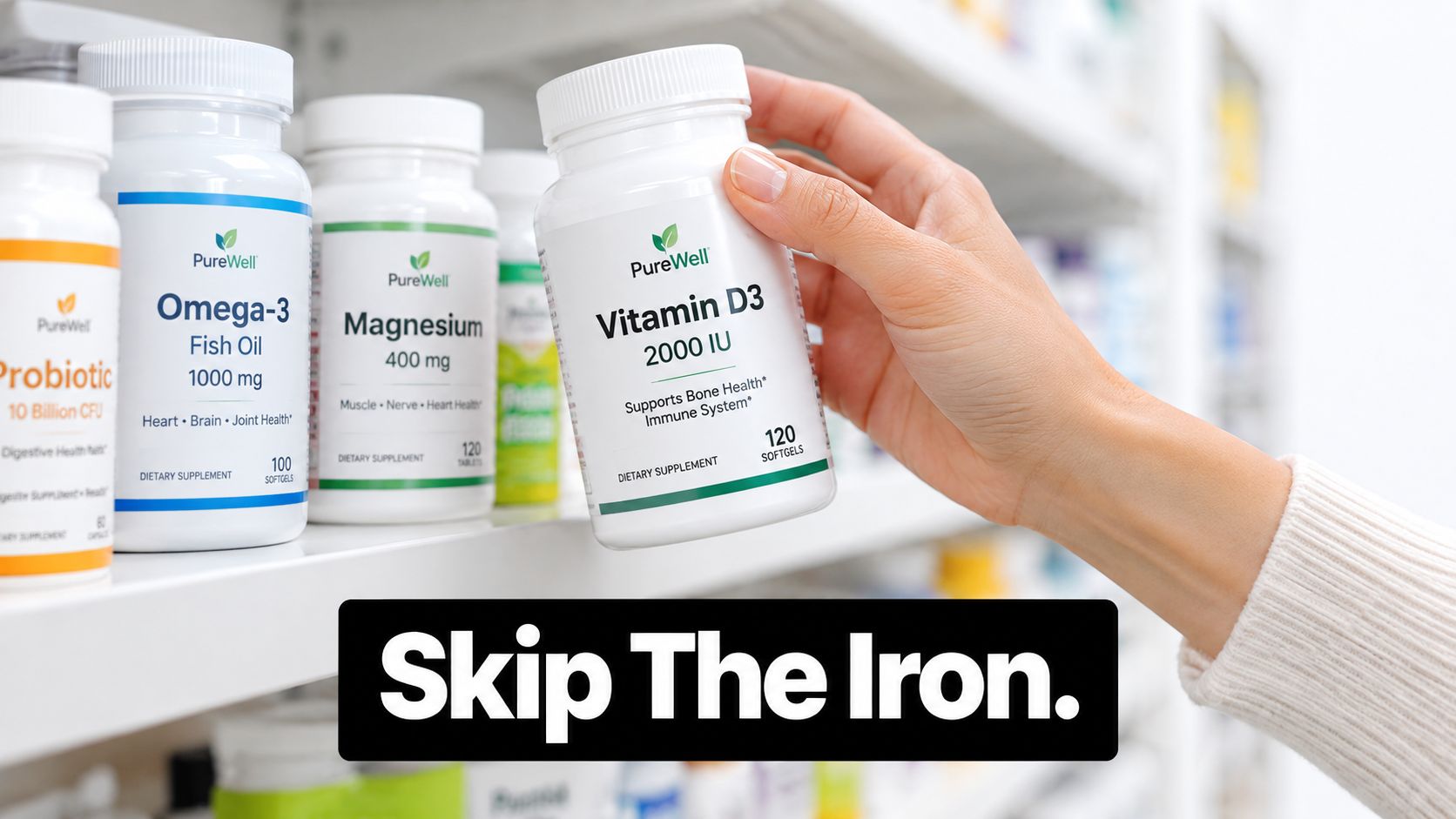 A hand reaching for a bottle of Vitamin D3 on a store shelf filled with supplements.