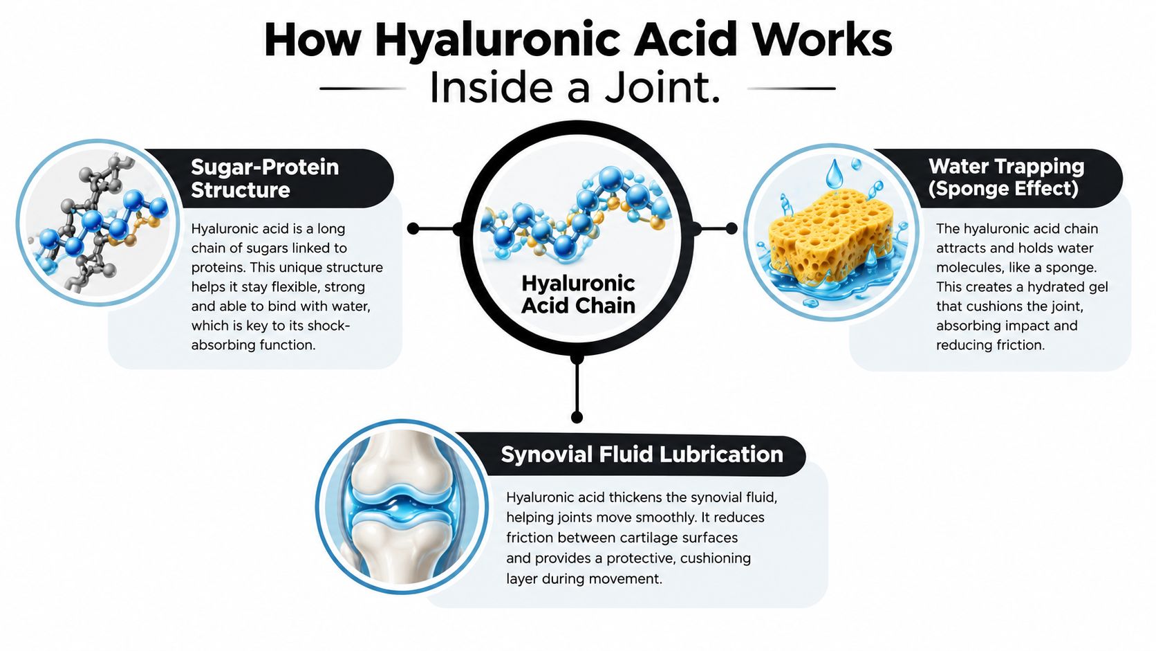 An infographic showing how hyaluronic acid works within a human joint to provide lubrication and cushioning.