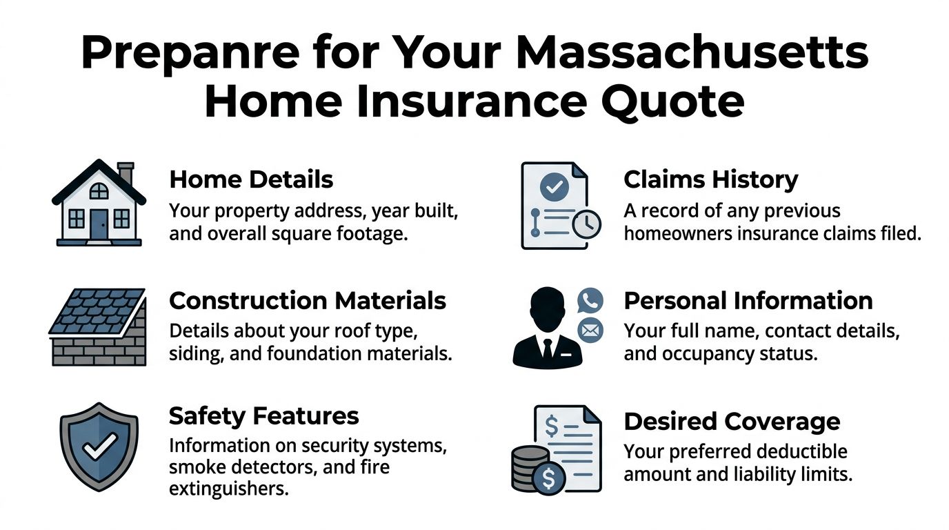 An infographic detailing the documents and information needed for homeowners insurance quotes in Massachusetts.