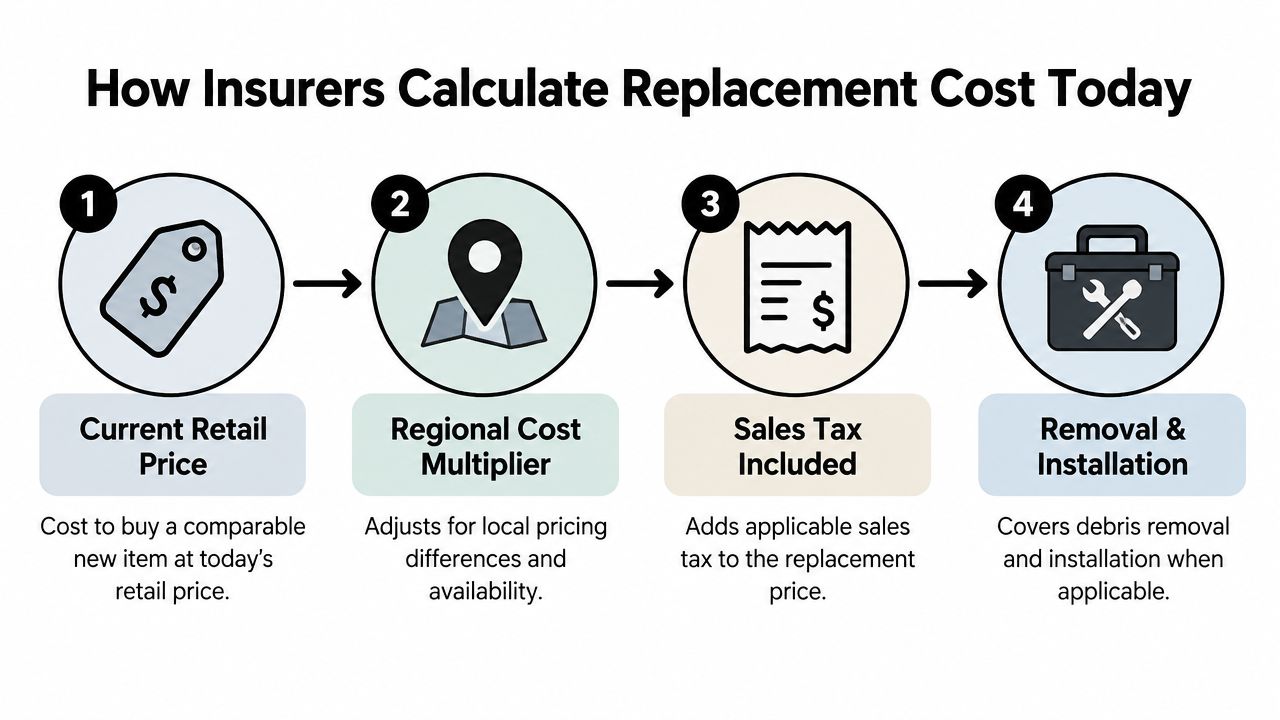An infographic showing the four steps insurers use to calculate current personal property replacement costs.