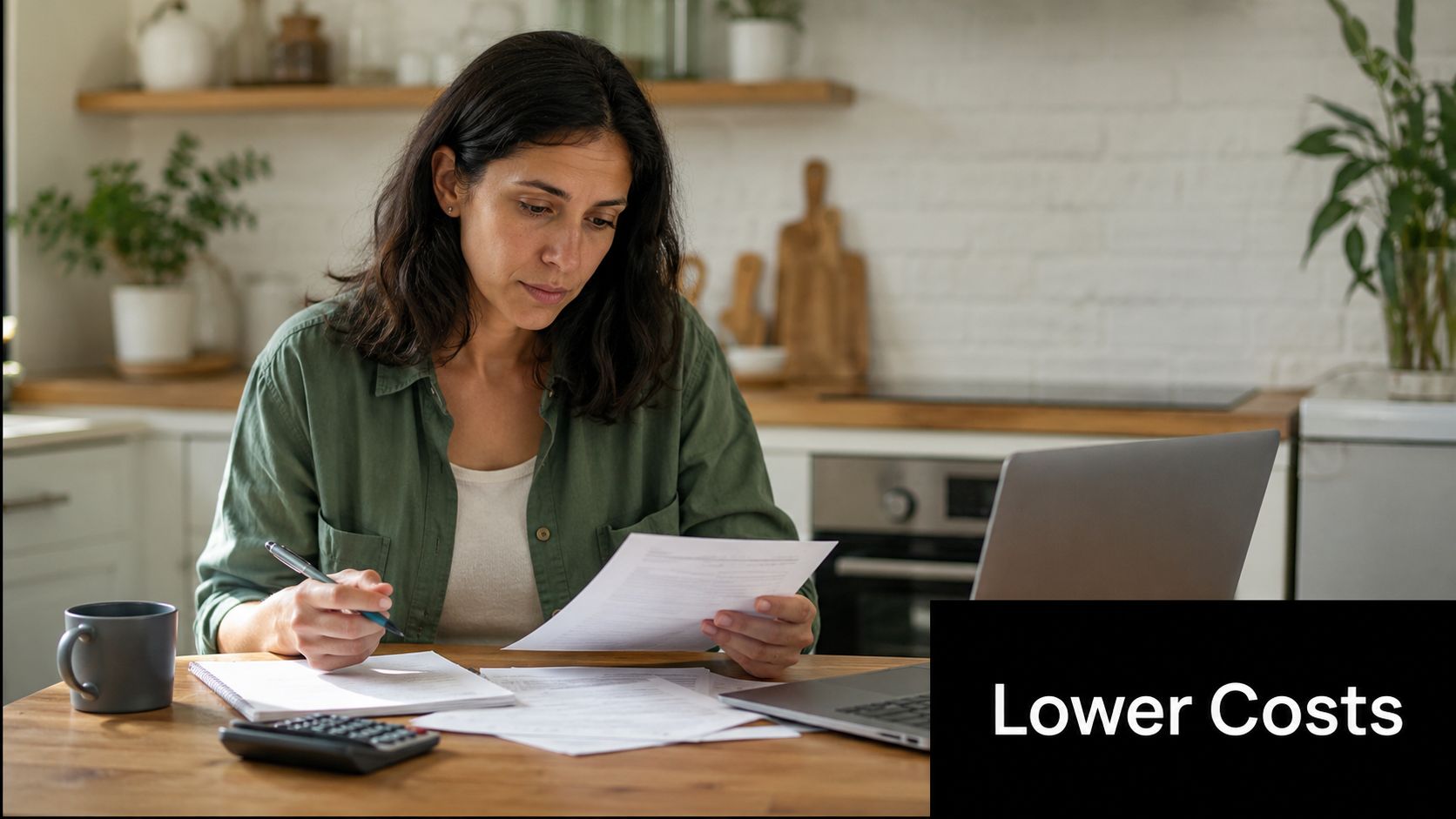 A woman reviewing documents and calculating expenses while working at a table in her home kitchen.