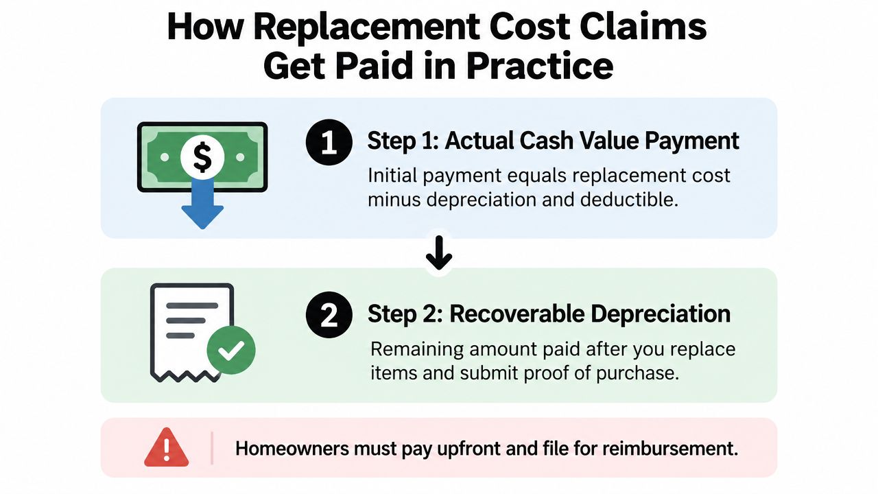 A diagram explaining the two-step process for personal property replacement cost insurance claims, including depreciation and reimbursement.