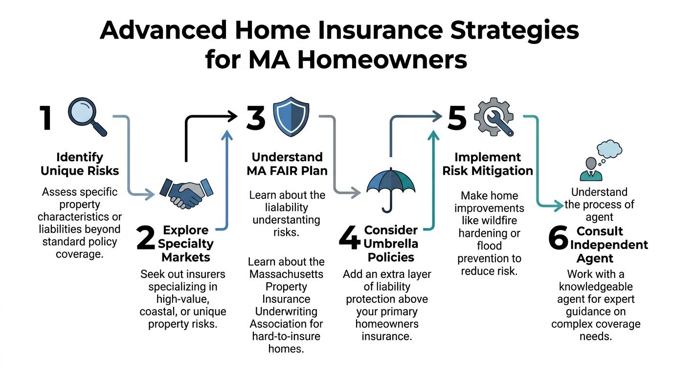 A six-step infographic detailing advanced home insurance strategies specifically tailored for Massachusetts homeowners and property risk management.