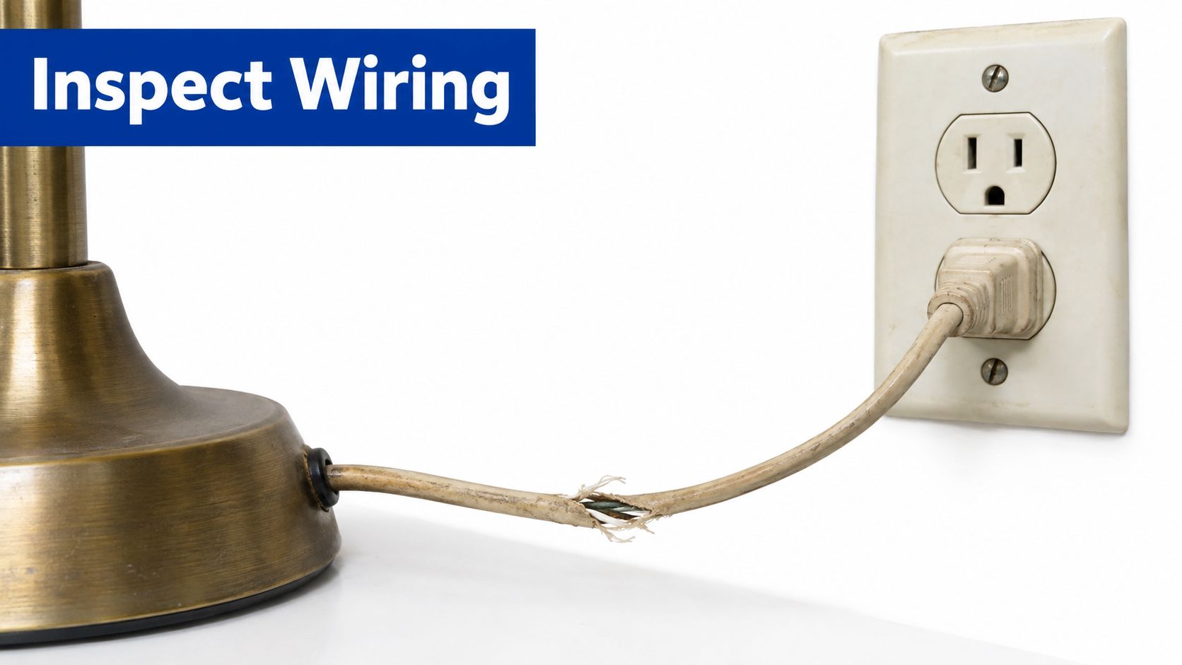 A damaged lamp power cord with exposed wires plugged into a wall outlet, posing a fire hazard.