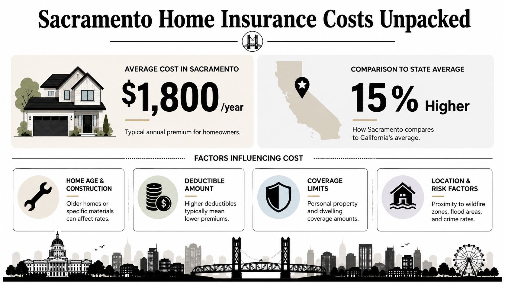 An infographic titled Sacramento Home Insurance Costs Unpacked detailing average annual premiums and influencing factors for homeowners.