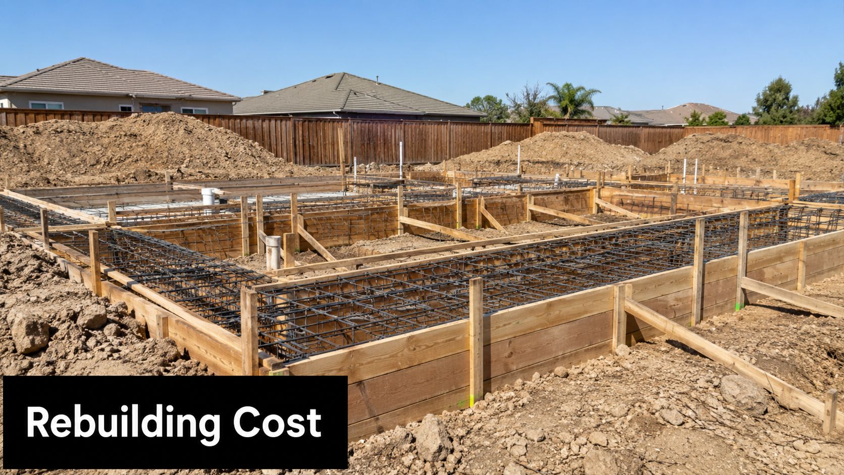 A house foundation under construction with rebar grids and wooden framing in a residential neighborhood.