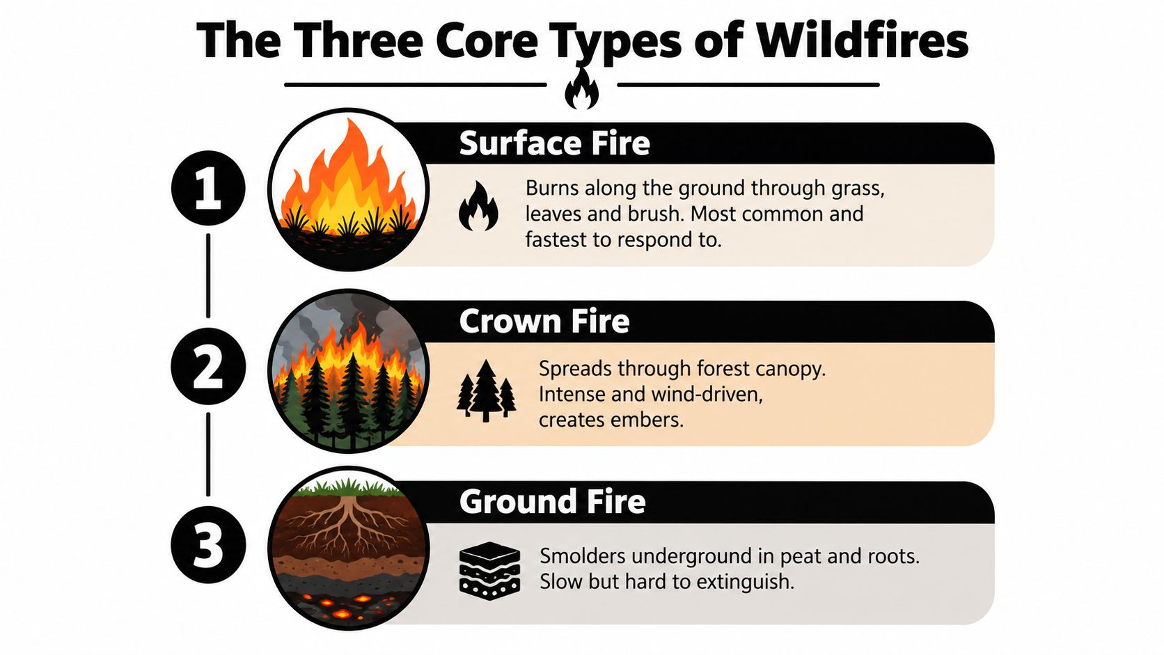 An infographic showing the three core types of wildfires: surface fire, crown fire, and ground fire.