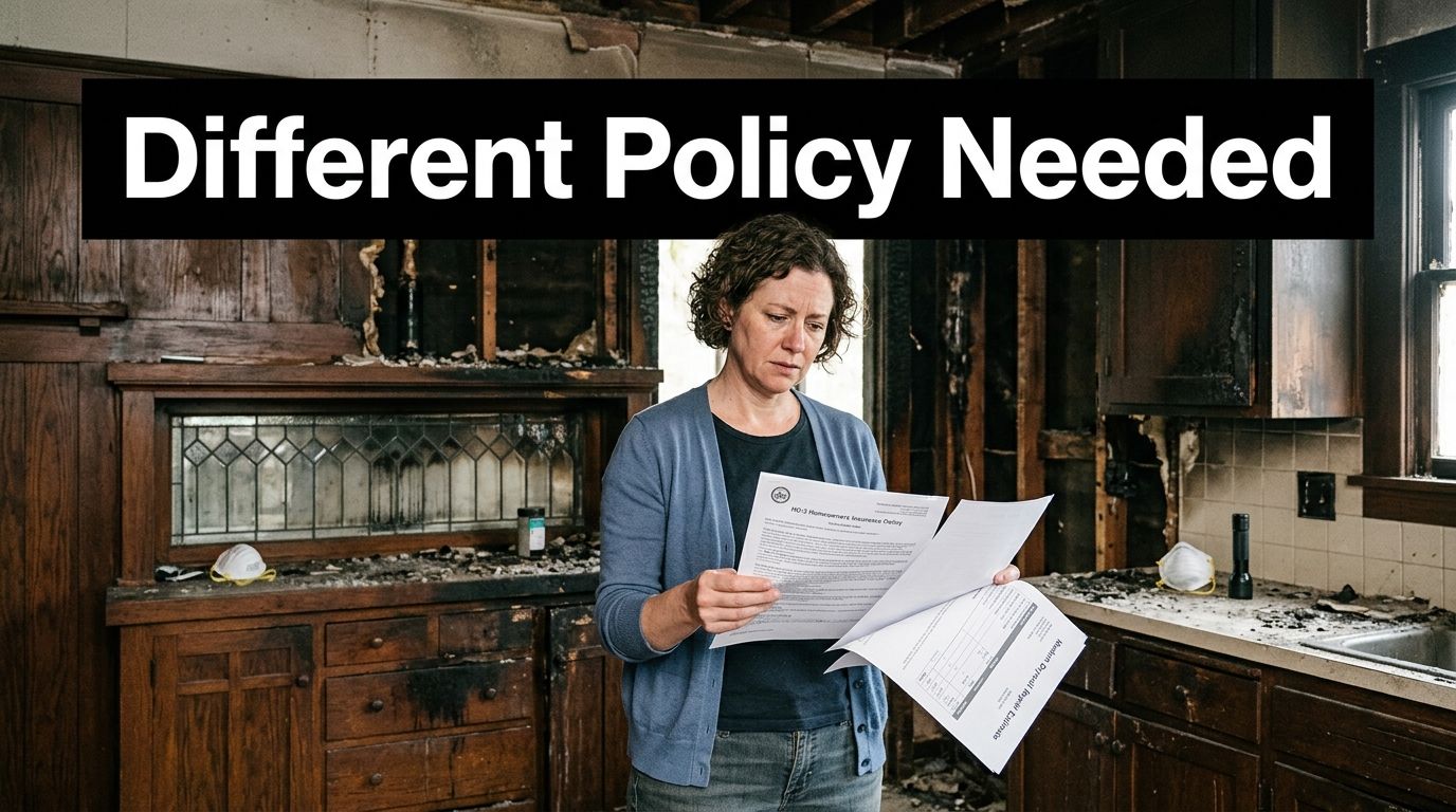 A concerned woman reviews insurance documents while standing inside a historic kitchen damaged by a house fire.