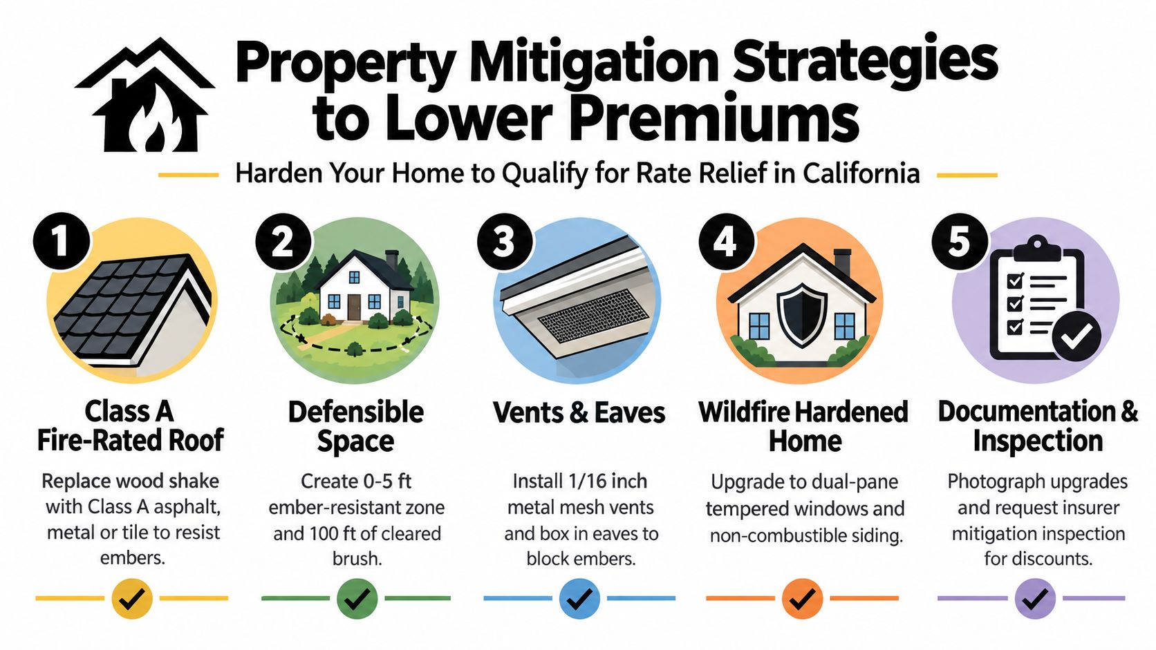 An infographic detailing five home mitigation strategies to lower fire insurance premiums in California.