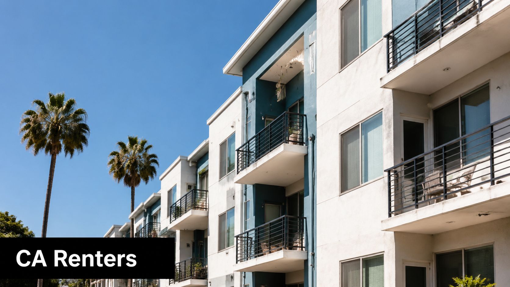 A modern multi-story apartment building with balconies against a clear blue sky and tall palm trees.