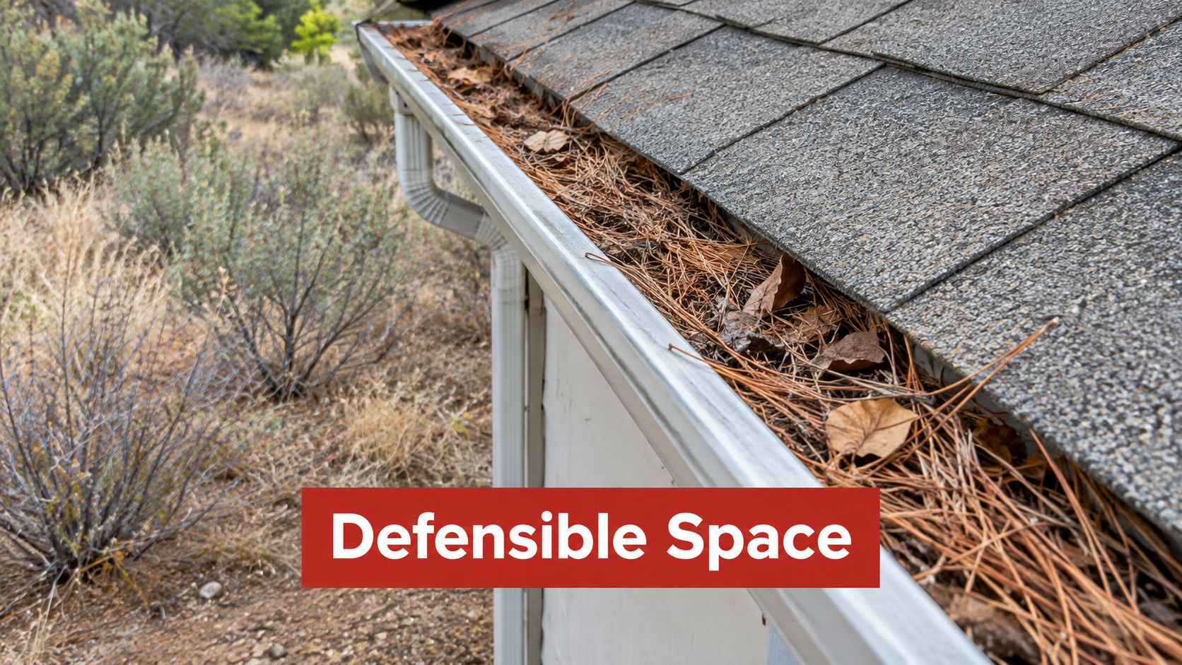 A house gutter filled with dry pine needles and leaves, posing a significant wildfire risk.