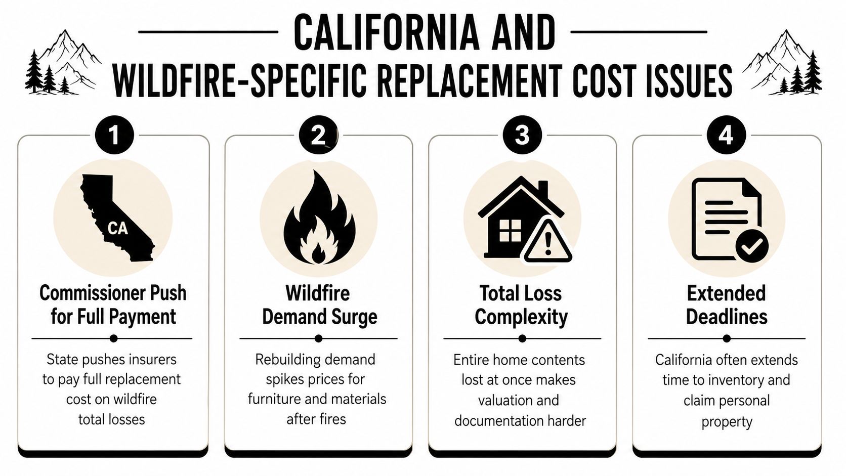 An infographic detailing four specific wildfire-related home replacement cost issues for California insurance claims.