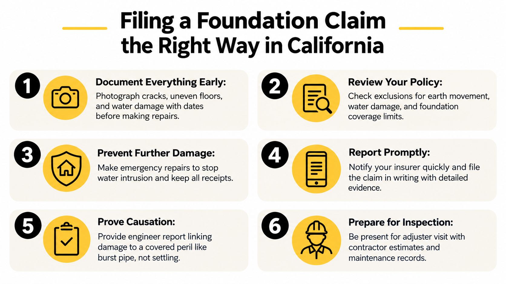 An infographic detailing six steps to correctly file a foundation insurance claim in California.