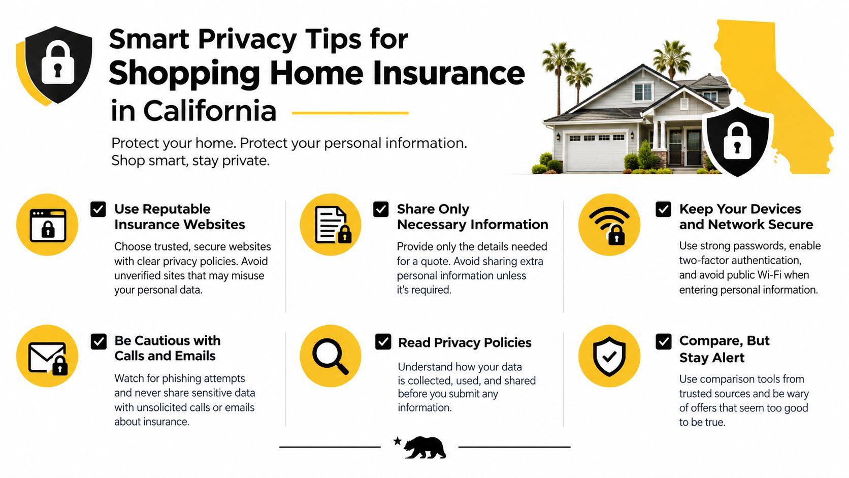 An infographic titled Smart Privacy Tips for Shopping Home Insurance in California, featuring icons and essential security advice.