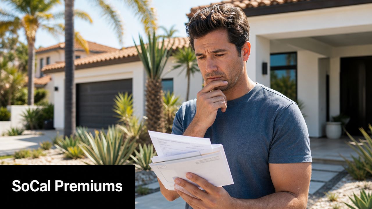 A concerned homeowner in Southern California reviews his insurance documents outside his modern suburban residence.
