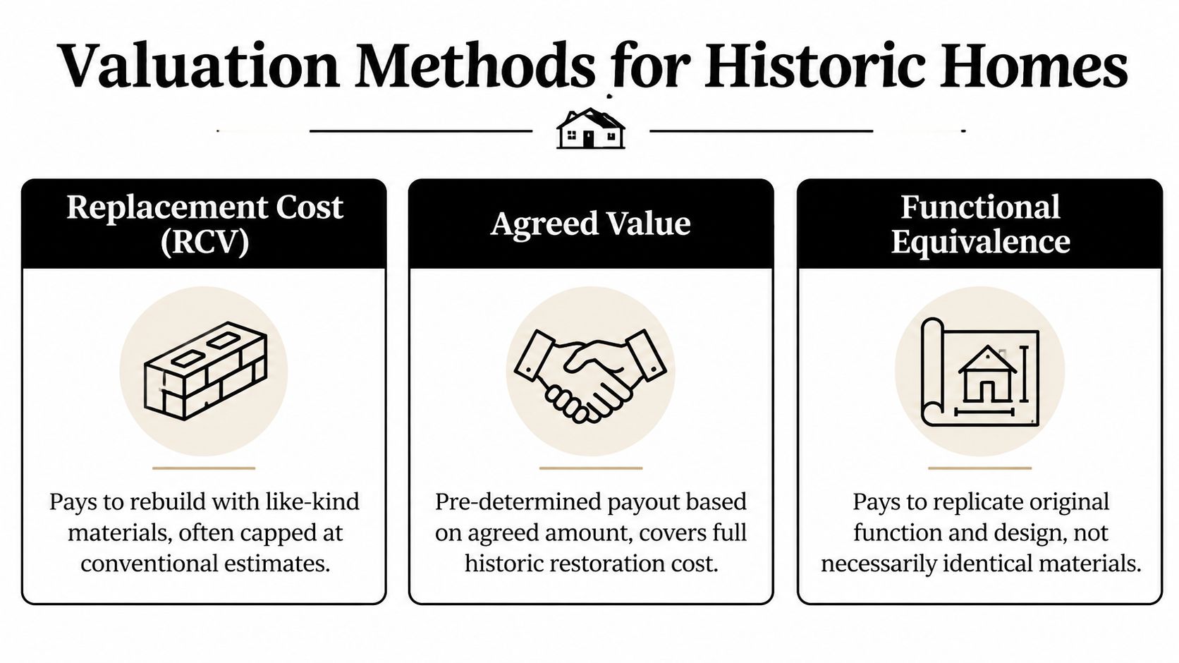 A visual guide explaining three common valuation methods for insuring historic homes: Replacement Cost, Agreed Value, and Functional Equivalence.