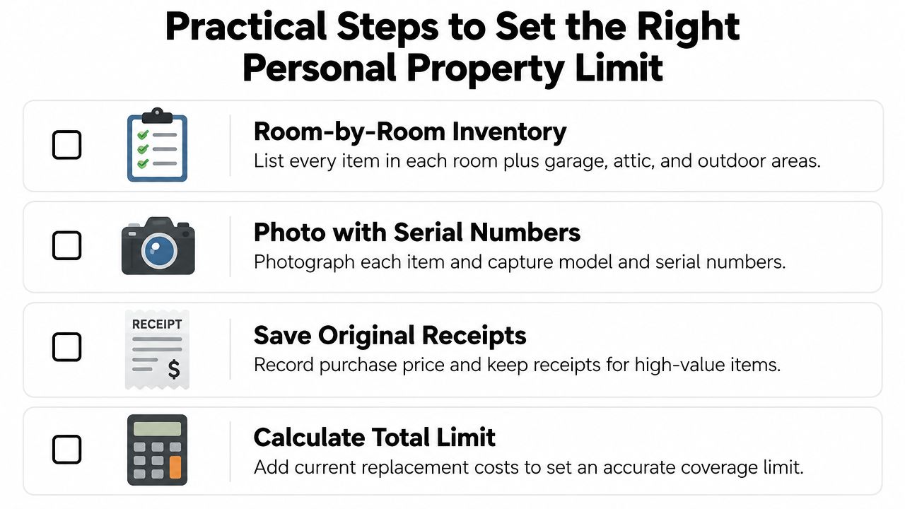 An infographic showing four practical steps to determine the right personal property coverage limit for insurance.