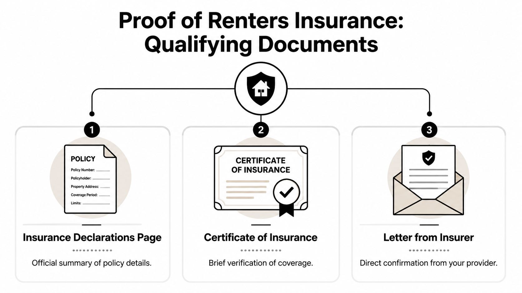 An infographic showing three valid documents to provide as proof of renters insurance: declarations page, certificate, or letter.